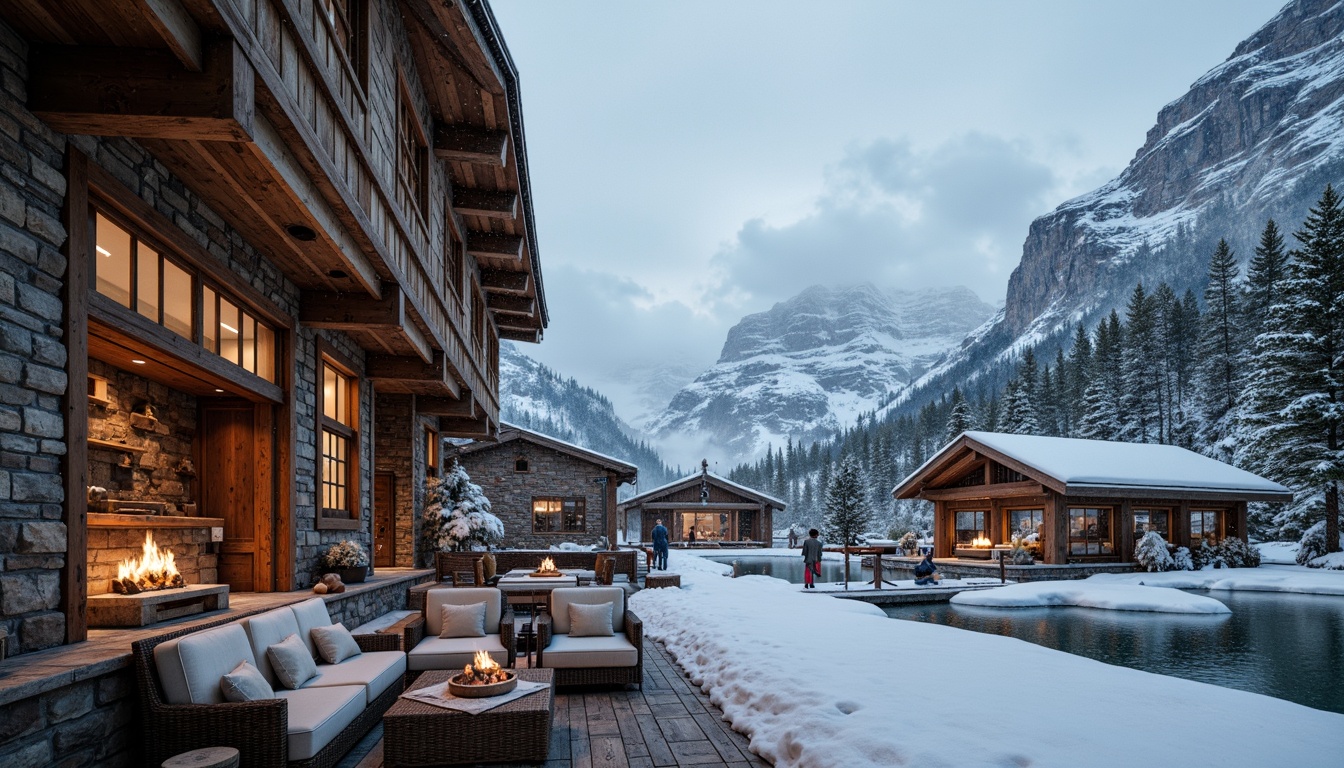 Prompt: Snow-capped mountains, rustic wooden chalets, natural stone walls, reclaimed timber accents, earthy color palette, cozy fireplaces, plush furnishings, woven textiles, warm ambient lighting, soft snowfall, misty atmosphere, 1/1 composition, intimate scale, realistic wood grain textures, atmospheric fog effects, frosted glass windows, metal roofing, wooden ski lifts, snow-covered roofs, frozen lakes, winter sports equipment, festive decorations.