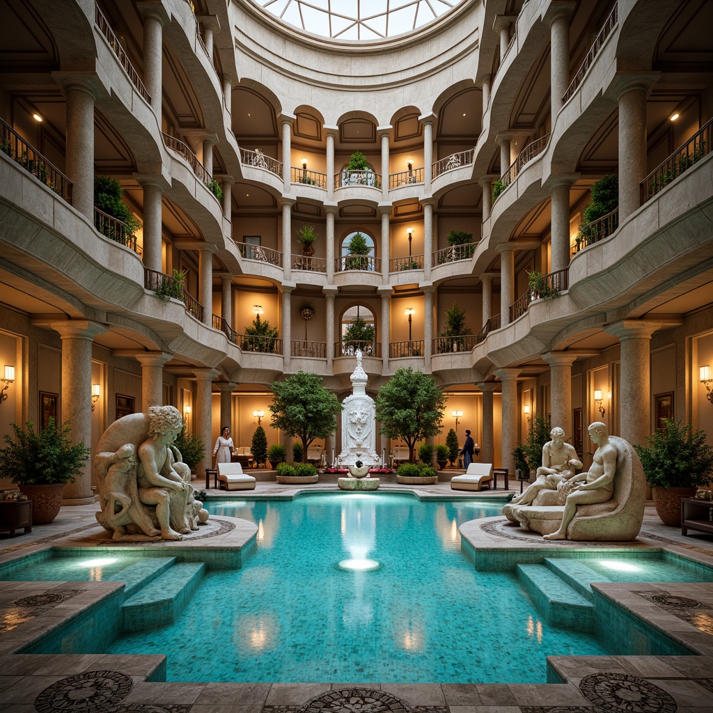 Prompt: Ornate swimming pool, grandiose columns, intricately carved stone sculptures, curved staircases, sweeping arches, ornamental fountains, majestic statues, lavish mosaics, glittering chandeliers, golden accents, luxurious marble floors, symmetrical composition, dramatic lighting effects, warm ambient glow, soft focus, shallow depth of field, 1/1 aspect ratio, realistic water simulation.