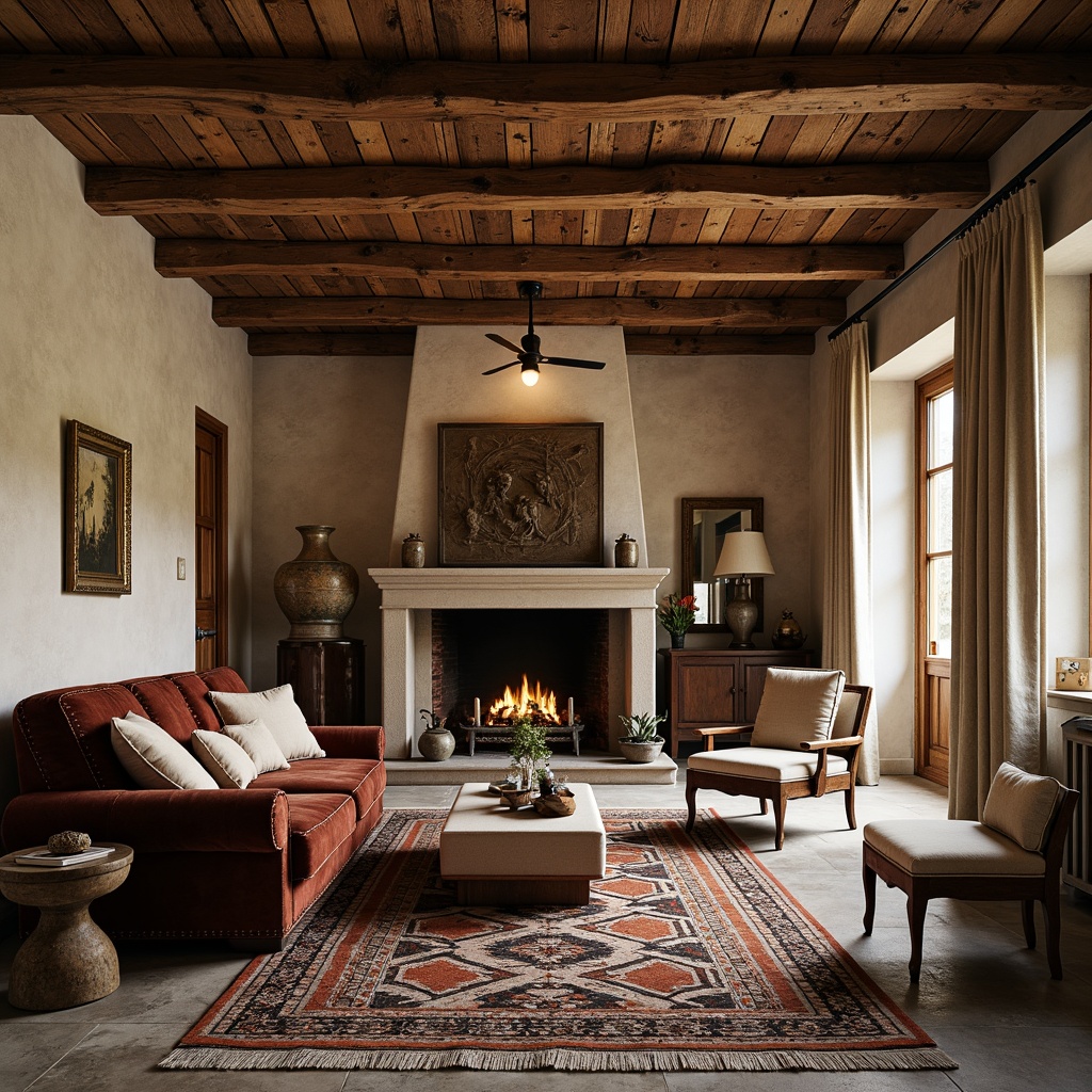 Prompt: Rustic farmhouse, vintage Art Deco accents, distressed wooden beams, earthy color palette, natural stone flooring, plush velvet sofas, ornate metalwork, geometric patterned rugs, antique furniture pieces, floral arrangements, soft warm lighting, shallow depth of field, 1/2 composition, intimate atmosphere, realistic textures, ambient occlusion.