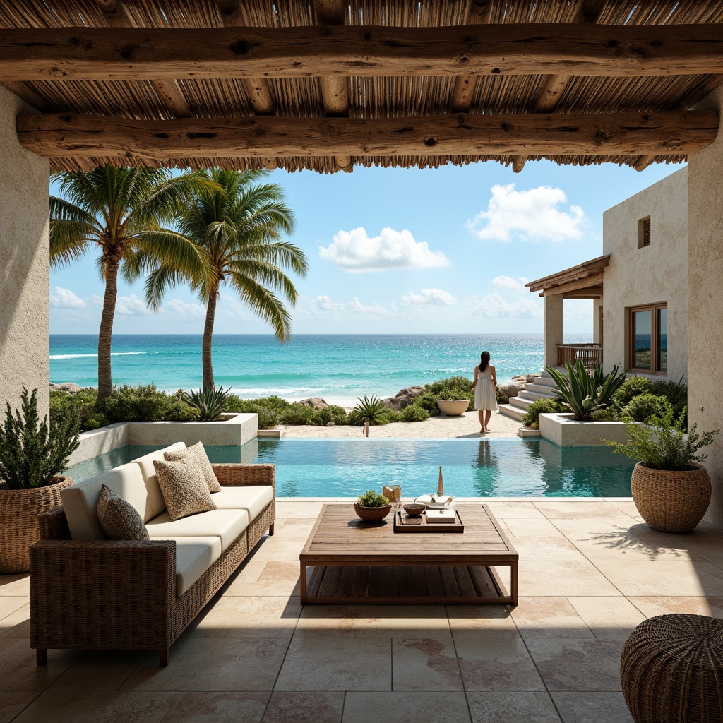 Prompt: Seaside villa, oceanfront views, salty air, gentle breeze, weathered wood accents, rustic driftwood furniture, nautical rope details, coral-inspired patterns, turquoise blue hues, sandy beige textures, ocean-worn stone walls, salt-resistant metals, durable fiberglass materials, UV-protected fabrics, tropical plants, palm tree silhouettes, sunny cloudless day, soft natural lighting, 1/1 composition, intimate close-up shots, realistic weathering effects.