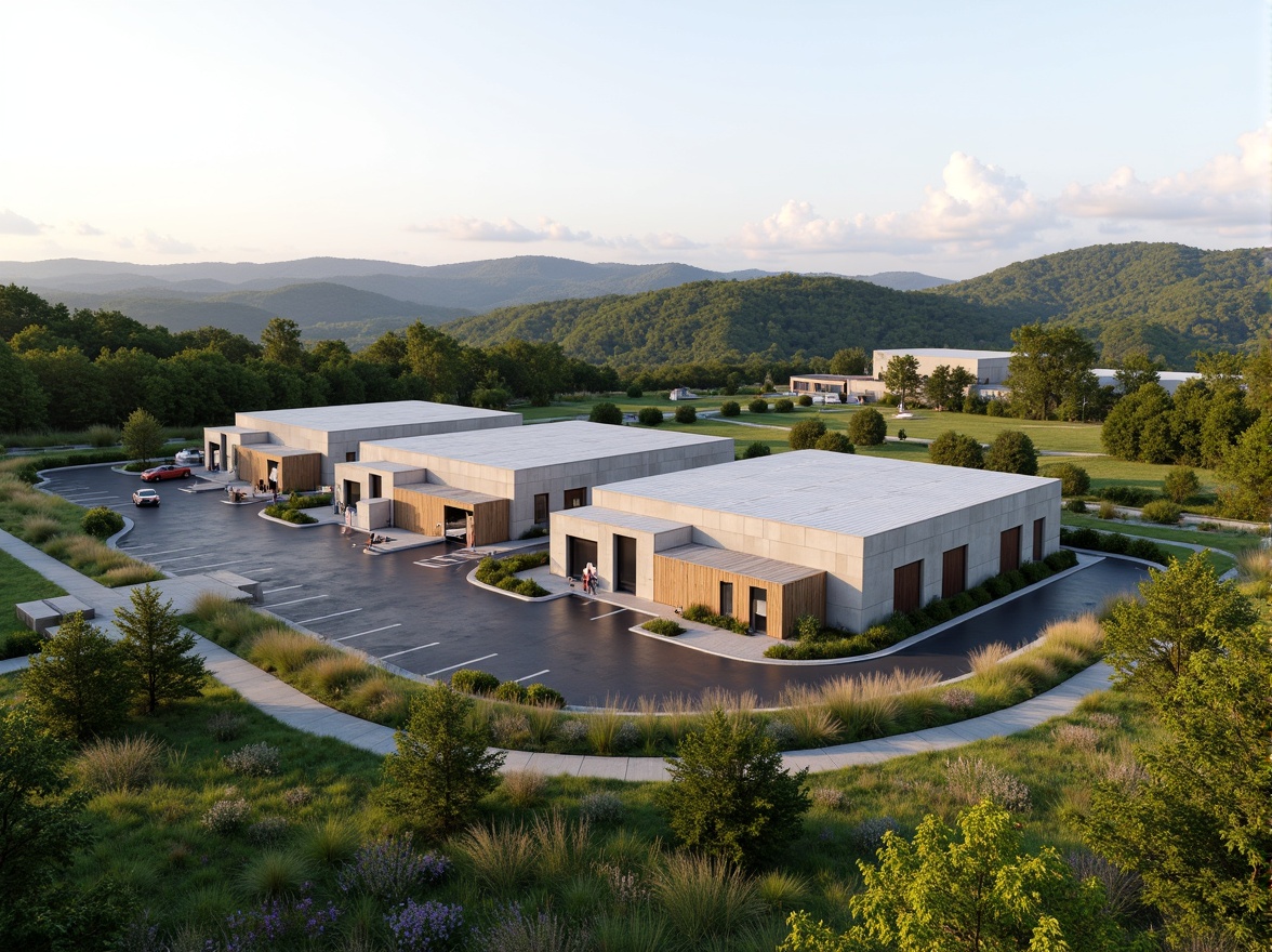 Prompt: Rustic distribution center, natural landscape integration, rolling hills, lush greenery, native plant species, meandering walkways, weathered wood accents, modern industrial architecture, functional loading docks, sleek metal roofs, clerestory windows, abundant natural light, soft ambient lighting, shallow depth of field, 2/3 composition, panoramic view, realistic textures, ambient occlusion.