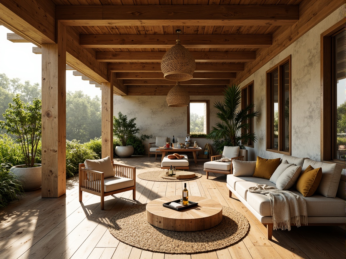 Prompt: Earth-toned wooden accents, natural stone walls, woven bamboo furniture, reclaimed wood floors, living green roofs, organic shapes, earthy color palette, sustainable building practices, minimalist decor, natural textiles, jute rugs, rattan lighting fixtures, potted plants, warm sunlight, soft shadows, 1/1 composition, shallow depth of field, realistic textures.