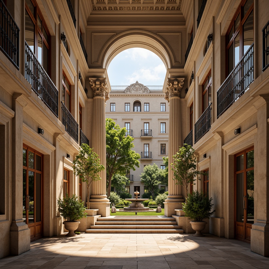 Prompt: Grand neoclassical facade, symmetrical composition, ornate details, Corinthian columns, arched windows, balconies with intricate metalwork, grand staircase, high ceilings, marble flooring, lavish chandeliers, rich wood paneling, formal gardens, manicured lawns, sculptures and fountains, warm natural lighting, soft shadows, 1/1 composition, realistic textures, ambient occlusion.