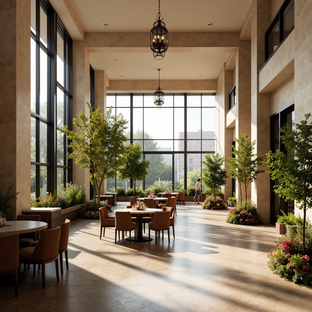 Prompt: Spacious dining hall, high ceilings, large windows, natural light pouring in, warm beige walls, dark wood furniture, elegant chandeliers, lush greenery, vibrant flowers, marble floors, minimalist decor, modern architecture, sleek lines, abundant daylight, soft gentle lighting, shallow depth of field, 1/1 composition, realistic textures, ambient occlusion.