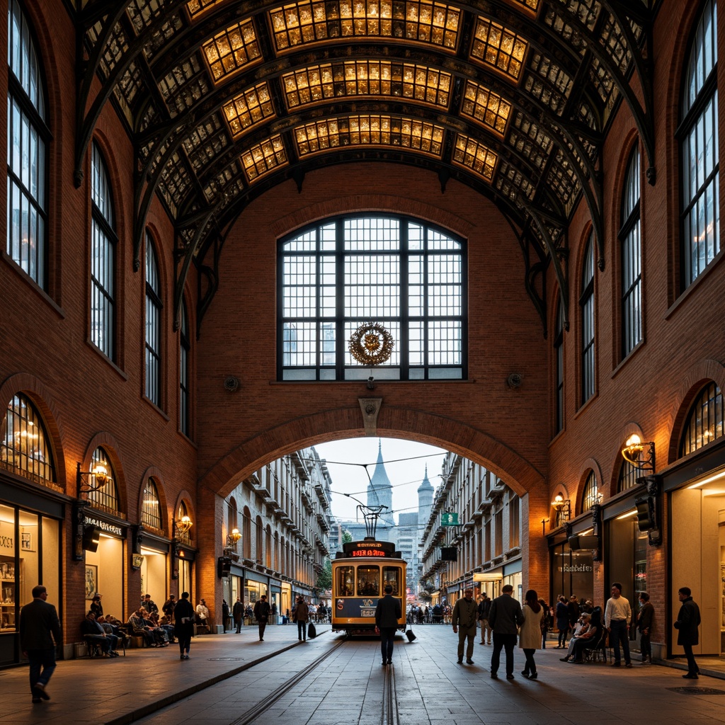 Prompt: Ornate tram station, grand entrance archways, intricate metalwork patterns, ornamental roof tiling, stained glass windows, decorative brick facades, vaulted ceilings, elegant chandeliers, historic architectural styles, urban cityscape, busy rush hour scenes, warm artificial lighting, shallow depth of field, 1/1 composition, symmetrical framing, high-contrast colors, realistic textures, ambient occlusion.