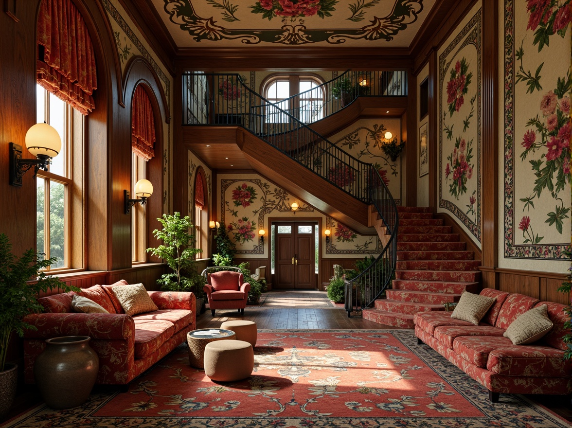 Prompt: Luxurious Art Nouveau social housing interior, ornate textiles with organic patterns, flowing curvilinear lines, intricate florals, jewel-toned velvets, metallic threads, subtle sheen, soft warm lighting, opulent furnishings, rich wood accents, sinuous staircases, elegant archways, whimsical botanical prints, vintage-inspired tapestries, plush area rugs, sophisticated color palette, eclectic decorative accessories, refined wall treatments, dramatic ceiling heights, 3/4 composition, shallow depth of field, realistic textures, ambient occlusion.