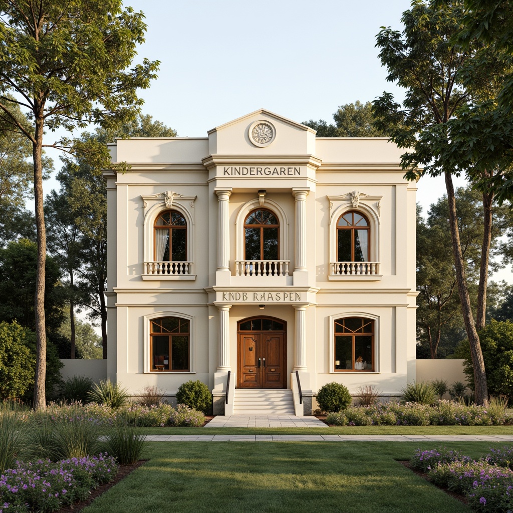 Prompt: Elegant kindergarten facade, symmetrical composition, ornate details, ionic columns, carved stone walls, arched windows, decorative pediments, soft cream colors, rustic wooden doors, manicured lawn, blooming flower beds, tall trees, serene atmosphere, warm natural light, shallow depth of field, 1/2 composition, realistic textures, ambient occlusion.