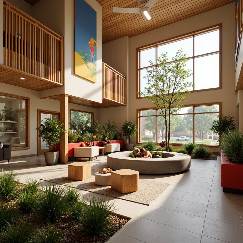 Prompt: Vibrant community center, warm beige walls, rich wood accents, comfortable seating areas, lush greenery, natural light, earthy tones, calming blues, energetic yellows, playful reds, modern furniture, sleek metal fixtures, inviting atmosphere, soft warm lighting, shallow depth of field, 1/1 composition, realistic textures, ambient occlusion.