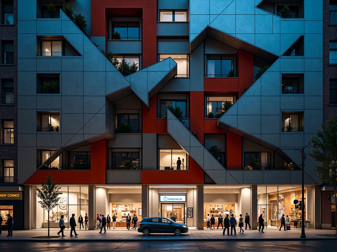 Prompt: Geometric shopping center facade, abstract constructivist architecture, fragmented forms, intersecting planes, dynamic angles, bold color blocking, industrial materials, exposed ductwork, metallic surfaces, minimalist signage, urban cityscape, busy street scene, natural light reflection, high-contrast shadows, dramatic nighttime lighting, 1/1 composition, close-up shot, realistic textures, ambient occlusion.