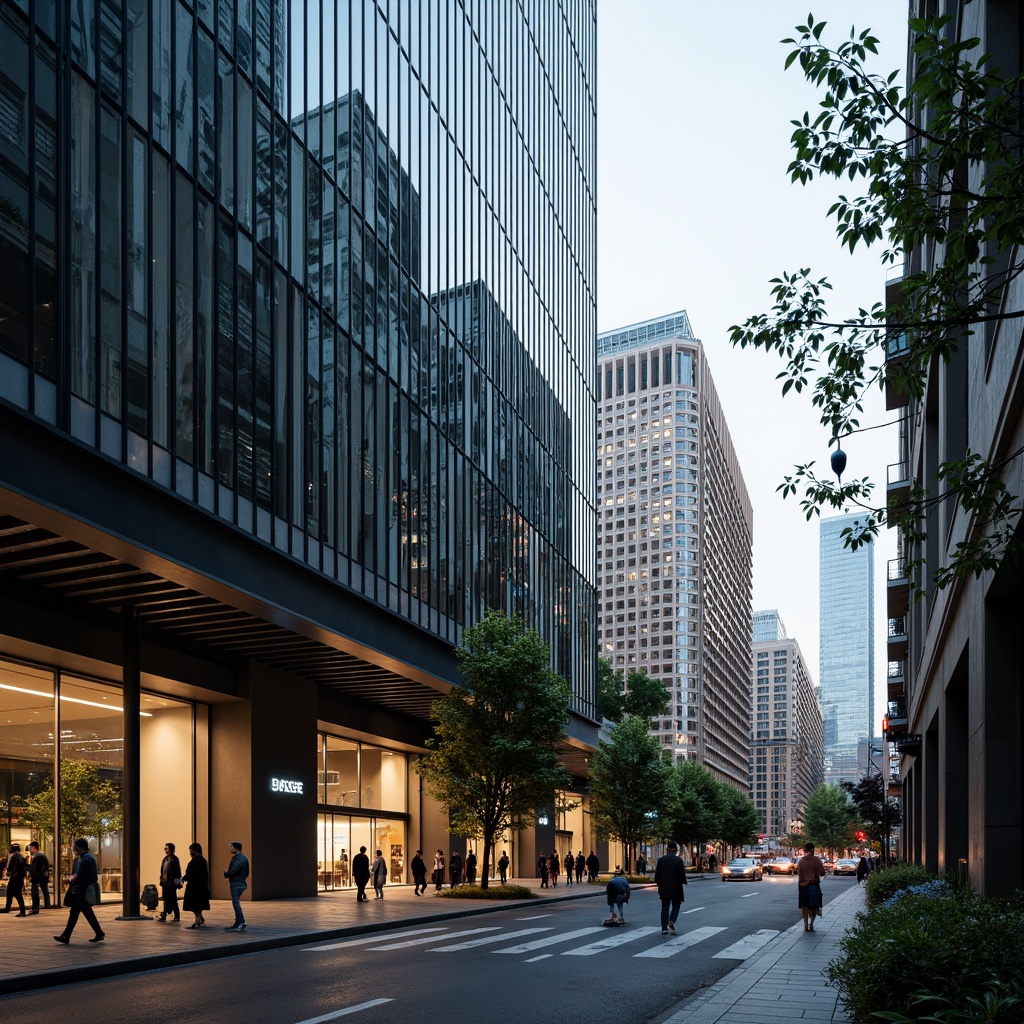 Prompt: Glass curtain walls, sleek metal frames, minimalist ornamentation, cantilevered balconies, asymmetrical compositions, abstract patterns, monochromatic color schemes, industrial materials, exposed ductwork, polished concrete floors, neon accents, urban cityscape, busy streets, contemporary skyscrapers, 1/1 composition, low-angle shot, dramatic lighting, high-contrast rendering, photorealistic textures.