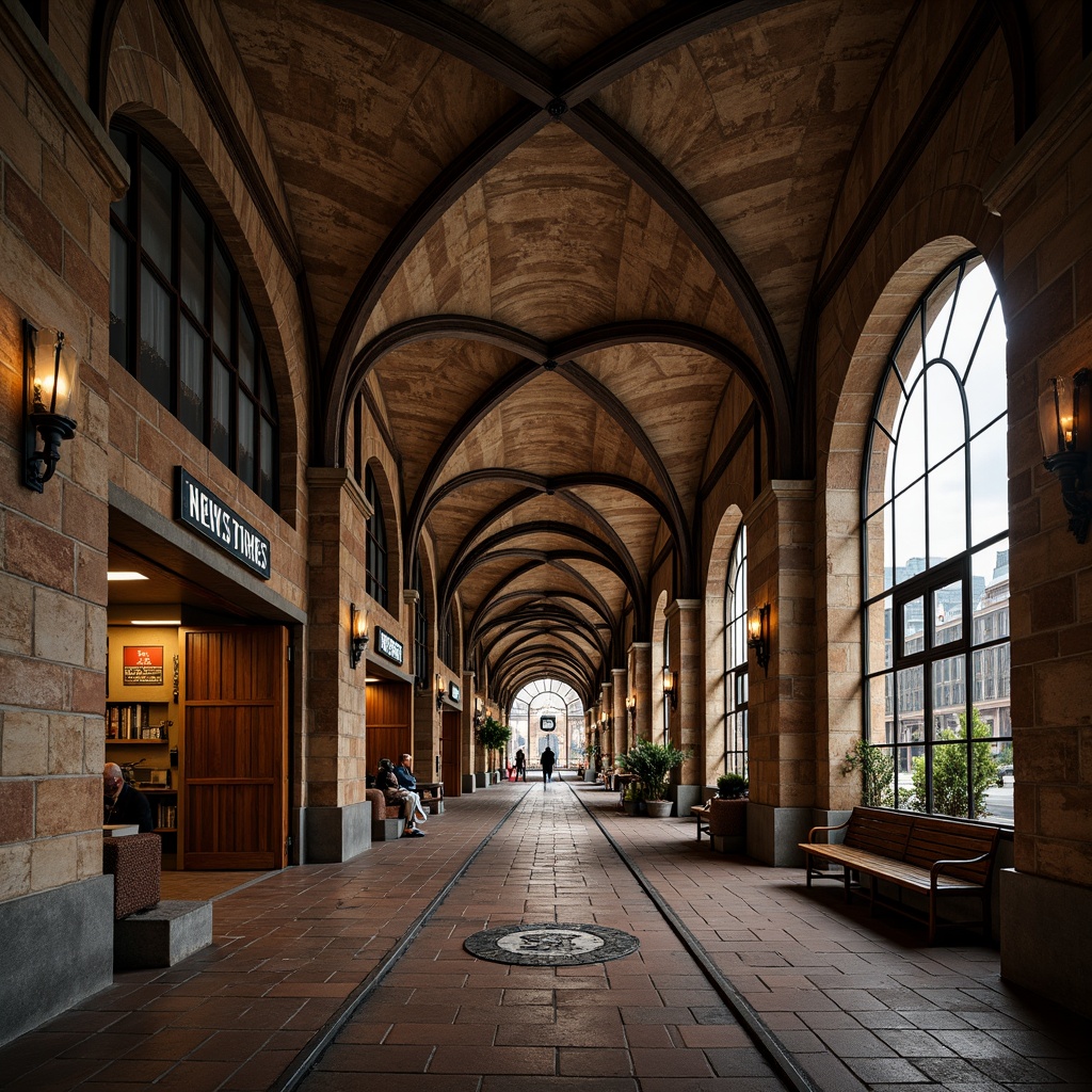 Prompt: Vaulted ceilings, grand archways, rustic stone walls, ornate ironwork, vintage tram tracks, wooden benches, retro-style signage, soft warm lighting, shallow depth of field, 3/4 composition, panoramic view, realistic textures, ambient occlusion, Romanesque-inspired architecture, intricate masonry patterns, earthy color palette, industrial-era charm, nostalgic atmosphere, bustling urban surroundings, morning commuters, steam engine sounds.