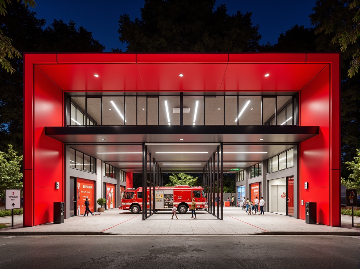 Prompt: \Modern fire station, bold red color scheme, sleek metal fa\u00e7ade, large glass windows, emergency vehicle parking, fire truck equipment, hydrant systems, smoke detectors, alarm systems, escape routes, stairwells, fire-resistant materials, sprinkler systems, fire extinguishers, evacuation signs, illuminated exit paths, bright overhead lighting, high-contrast color scheme, 1-point perspective composition, shallow depth of field, realistic textures, ambient occlusion.\