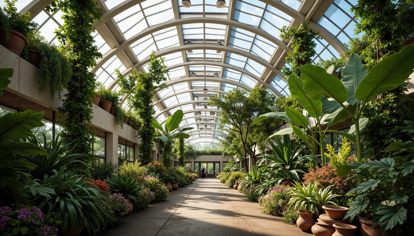 Prompt: Lush tropical greenhouse, curved glass roofs, natural ventilation systems, automated windows, solar-powered fans, misting irrigation, exotic plants, vibrant floral arrangements, earthy terracotta pots, organic fertilizer, humid climate, soft warm lighting, shallow depth of field, 1/1 composition, realistic textures, ambient occlusion.