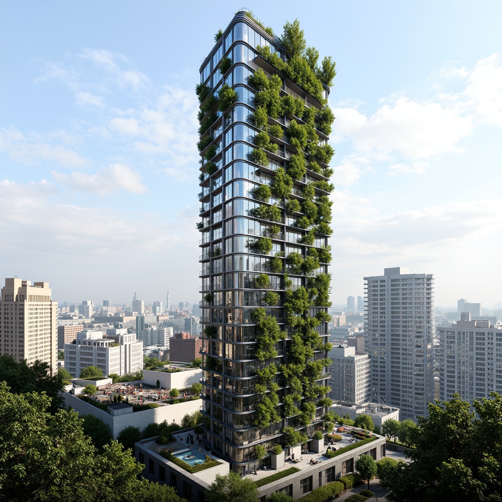 Prompt: Modern skyscraper, sleek glass fa\u00e7ade, steel framework, vertical gardens, lush green walls, flowering vines, natural ventilation systems, energy-efficient design, sustainable living spaces, rooftop gardens, panoramic city views, bright natural lighting, soft shadows, 1/1 composition, realistic textures, ambient occlusion.