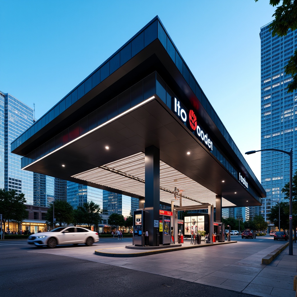 Prompt: Modern gas station, sleek metal canopy, angular lines, minimalist design, neon signage, vibrant LED lighting, futuristic fuel pumps, stainless steel accents, polished concrete floors, geometric patterns, urban cityscape, busy streets, clear blue sky, sunny day, shallow depth of field, 3/4 composition, panoramic view, realistic textures, ambient occlusion.