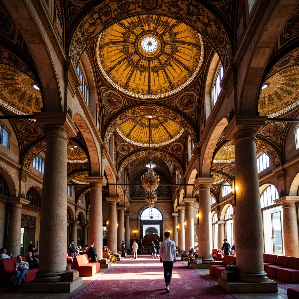 Prompt: Intricate Byzantine architecture, ornate golden domes, rich jewel-toned mosaics, warm terracotta hues, rustic stone walls, elegant archways, grandiose vaulted ceilings, lavish ornamentation, vibrant crimson reds, deep blues, emerald greens, luxurious purple tones, soft candlelight, dramatic chiaroscuro, 1/1 composition, symmetrical framing, realistic textures, ambient occlusion.