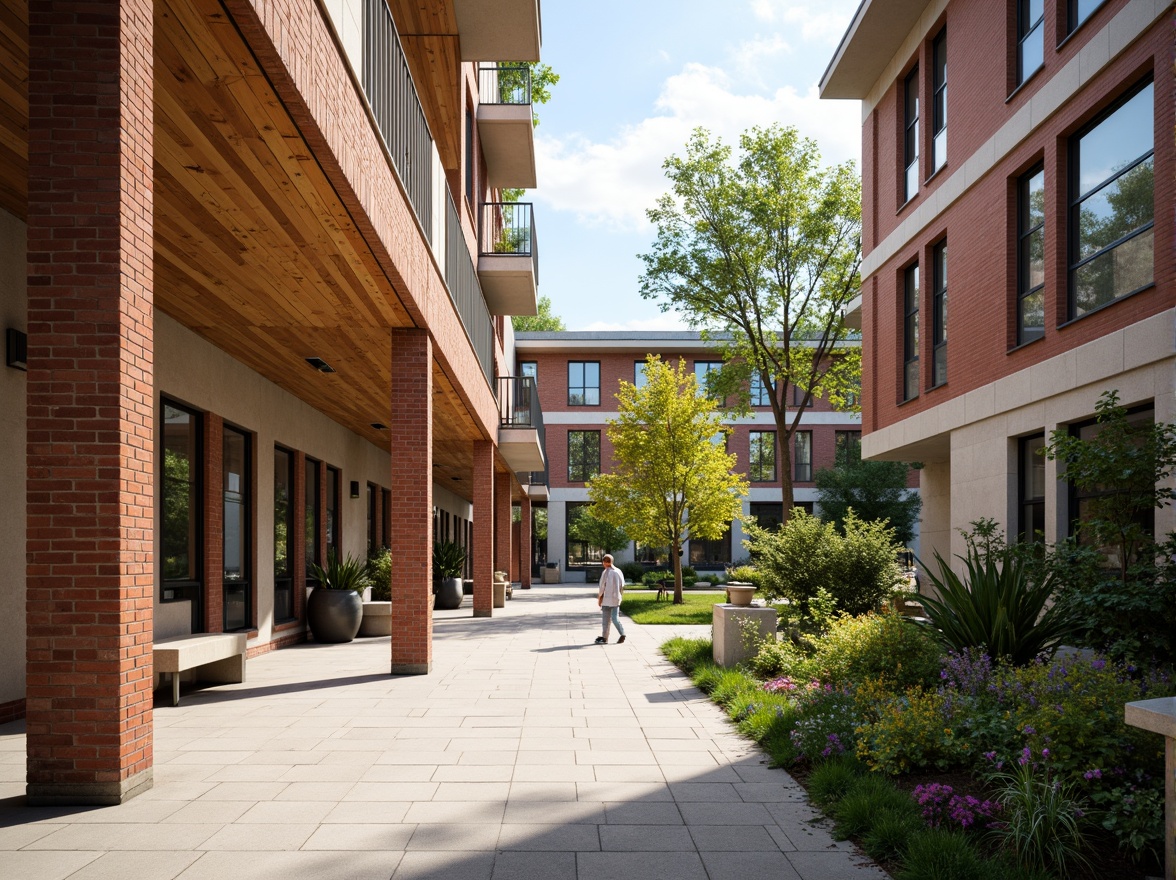 Prompt: Rustic brick walls, smooth concrete floors, wooden accents, metallic railings, lush greenery, vibrant flowers, educational signs, natural stone walkways, modern campus architecture, large windows, glass doors, blooming trees, sunny day, soft warm lighting, shallow depth of field, 3/4 composition, panoramic view, realistic textures, ambient occlusion.