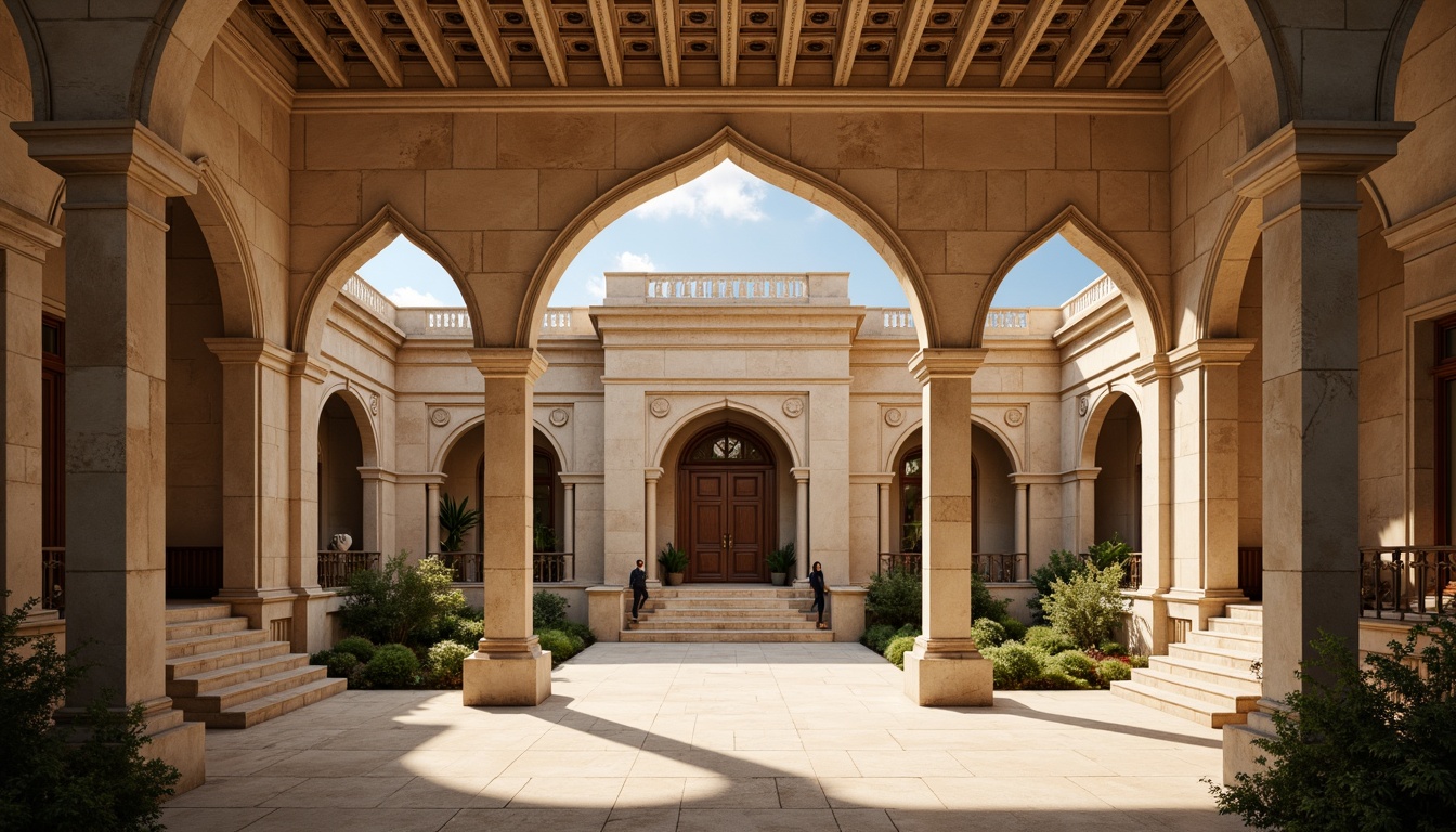 Prompt: Grand entrance, ornate columns, classical arches, intricately carved stonework, symmetrical fa\u00e7ade, balanced composition, majestic proportions, elegant cornices, decorative friezes, imposing portico, grandiose staircases, lavish ornamentation, richly textured stone walls, warm beige tones, soft golden lighting, subtle gradient mapping, realistic material textures, atmospheric perspective, 1/1 composition, dramatic shadows.