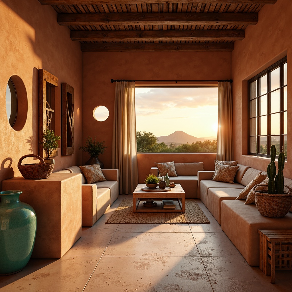 Prompt: Warm desert sunsets, earthy terracotta walls, rustic wooden accents, vibrant turquoise pottery, sandy beige floors, soft cactus greenery, cozy woven textiles, natural stone countertops, warm golden lighting, shallow depth of field, 3/4 composition, realistic textures, ambient occlusion.