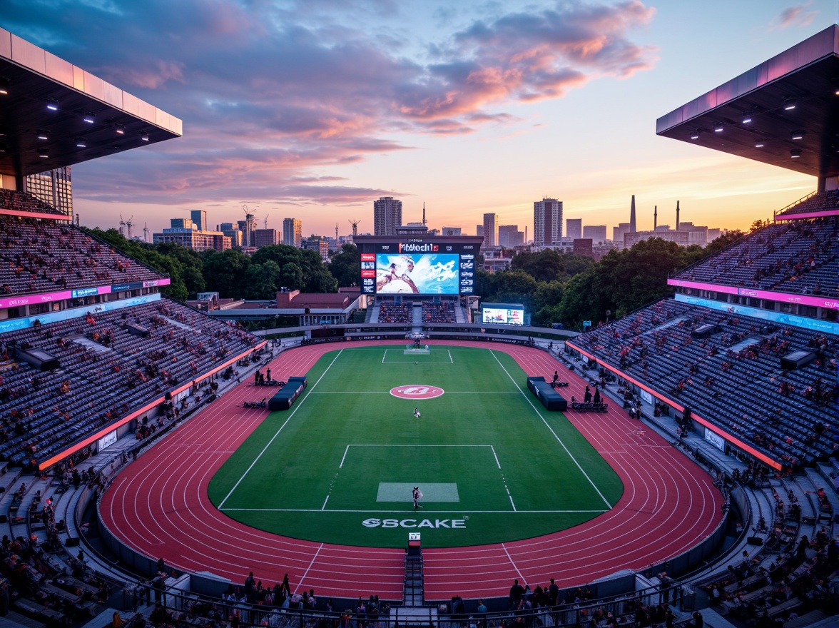 Prompt: Futuristic sports complex, neon-lit athletic tracks, sleek metallic bleachers, holographic scoreboards, iridescent stadium roofs, levitating spectator pods, gravity-defying playing fields, atmospheric misting systems, vibrant LED lighting, 3D-printed terrain features, augmented reality training tools, robotic umpires, hovering drone cameras, high-tech sports equipment, dynamic wind turbines, sustainable energy harvesting, eco-friendly turf, minimalist landscape design, panoramic cityscape views, dramatic sunset skies, shallow depth of field, cinematic composition.