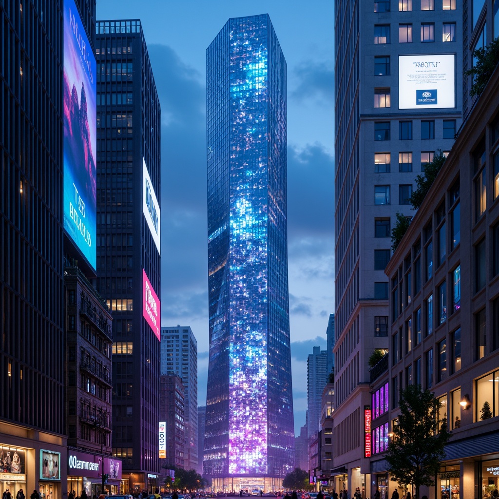 Prompt: Futuristic skyscraper, neon-lit cityscape, metallic silver fa\u00e7ade, iridescent glass towers, luminescent blue accents, holographic advertisements, LED light installations, sleek modern architecture, aerodynamic curves, cantilevered structures, rooftop gardens, transparent elevators, polished chrome details, vibrant electric blue hues, radiant purple tones, glossy black surfaces, atmospheric mist effects, dramatic spotlights, 3/4 composition, shallow depth of field, panoramic city view.