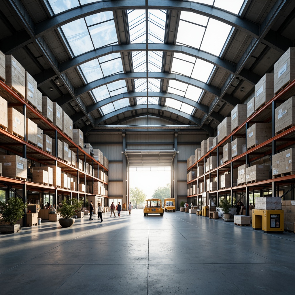 Prompt: Spacious distribution center, high ceilings, skylights, clerestory windows, translucent roofing, polished concrete floors, steel beams, industrial chic design, abundant natural light, airy atmosphere, minimalist decor, functional shelving systems, sleek metal racks, organized storage spaces, loading docks, overhead cranes, warehouse equipment, morning sunlight, soft warm glow, shallow depth of field, 1/1 composition, realistic textures, ambient occlusion.