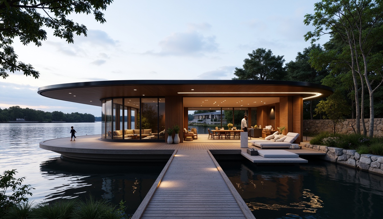 Prompt: Luxurious boathouse, modern nautical theme, wooden dock, calm waterfront, serene lake view, private boat lift, sleek glass fa\u00e7ade, curved lines, minimalist design, natural stone walls, rustic wood accents, cozy outdoor seating, warm string lighting, 1/2 composition, shallow depth of field, panoramic view, realistic water reflections, ambient occlusion.