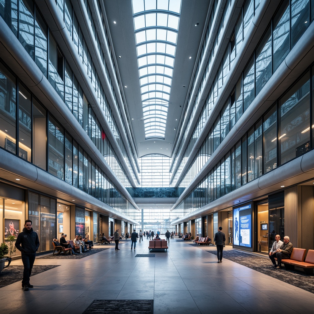 Prompt: Futuristic airport terminal, aerodynamic curves, metallic silver fa\u00e7ade, iridescent glass panels, sleek steel columns, polished marble floors, vibrant neon lights, dynamic LED displays, minimalist seating areas, stainless steel handrails, industrial-grade concrete walls, geometric patterned carpets, high-ceiling atriums, natural light pouring in, 1/1 composition, symmetrical framing, dramatic shadows, cinematic lighting.