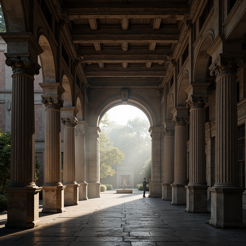 Prompt: Symmetrical columns, ornate capitals, ancient Greek inspiration, grand entrance, majestic archways, vaulted ceilings, intricate stonework, rustic brick textures, weathered stone surfaces, imposing monumental architecture, natural light pouring in, dramatic shadows, atmospheric mist, cinematic depth of field, 1/2 composition, realistic render, ambient Occlusion.