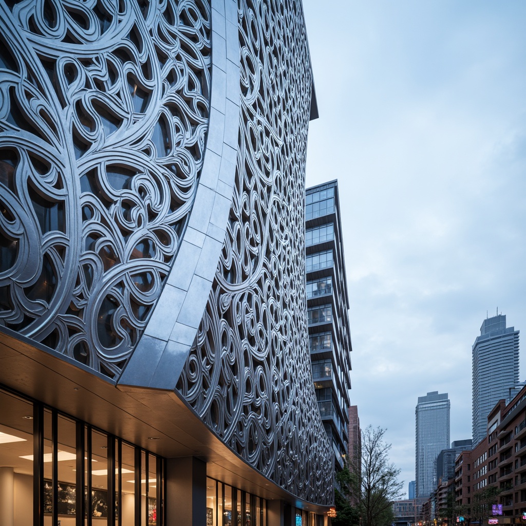 Prompt: Curved aluminium cladding, ornate Art Nouveau patterns, flowing organic lines, sinuous shapes, metallic silver finish, high-gloss reflective surface, intricate botanical motifs, stylized floral elements, modern minimalist architecture, sleek urban skyscraper, cityscape background, cloudy blue sky, soft warm lighting, shallow depth of field, 1/2 composition, realistic textures, ambient occlusion.