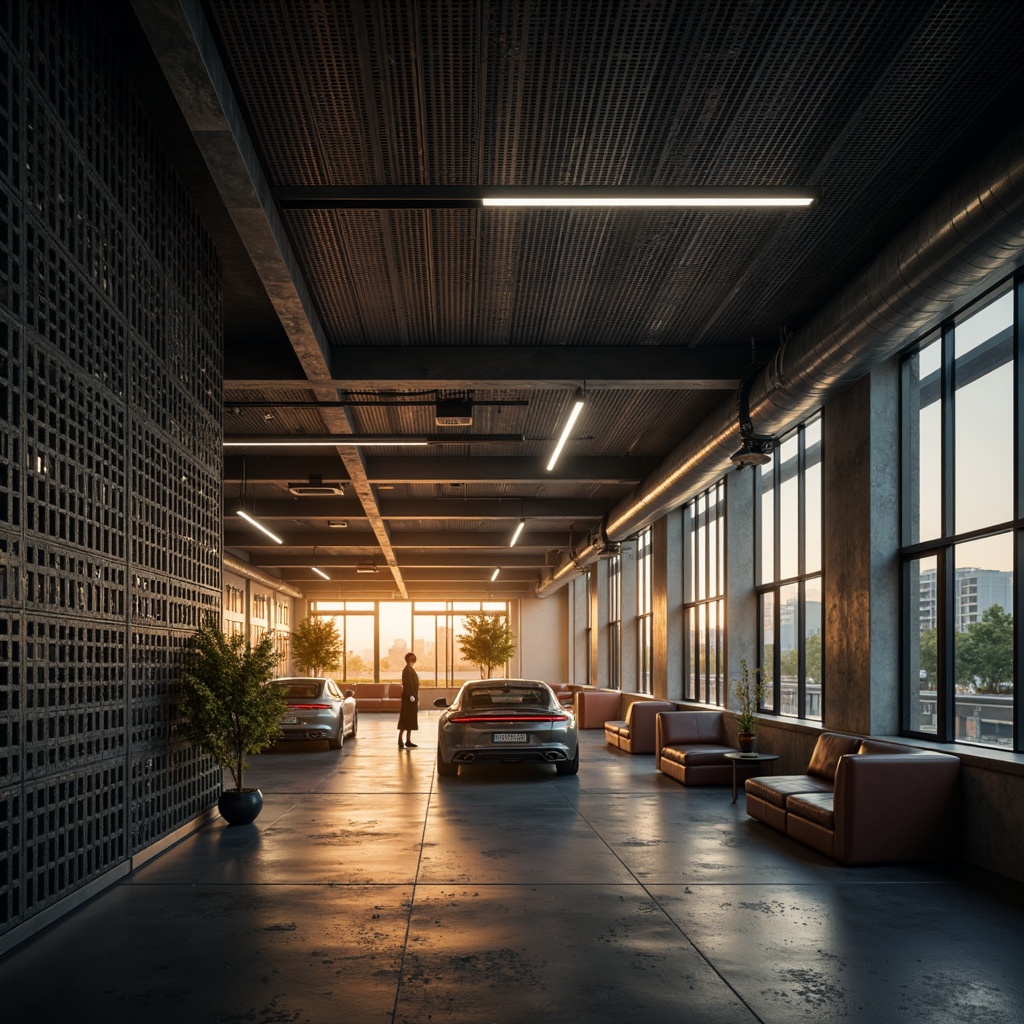 Prompt: Industrial interior, perforated metal ceiling, modern minimalist design, warm ambient lighting, soft diffused glow, LED strips, hidden light sources, dramatic shadows, urban aesthetic, brutalist architecture, concrete floors, exposed ductwork, sleek metal beams, polished chrome accents, futuristic ambiance, high-tech atmosphere, subtle color grading, cinematic lighting, 1/1 composition, shallow depth of field, realistic reflections.