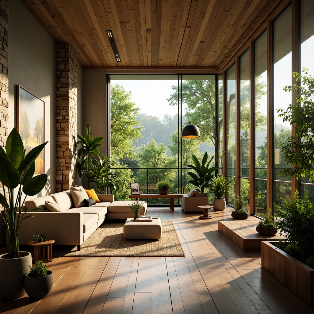 Prompt: Vibrant living room, floor-to-ceiling windows, natural stone walls, wooden flooring, lush greenery, potted plants, soft warm lighting, indirect sunlight, cozy reading nook, comfortable seating area, minimalist decor, neutral color palette, earthy tones, organic textures, nature-inspired artwork, panoramic view, shallow depth of field, 3/4 composition, realistic rendering.