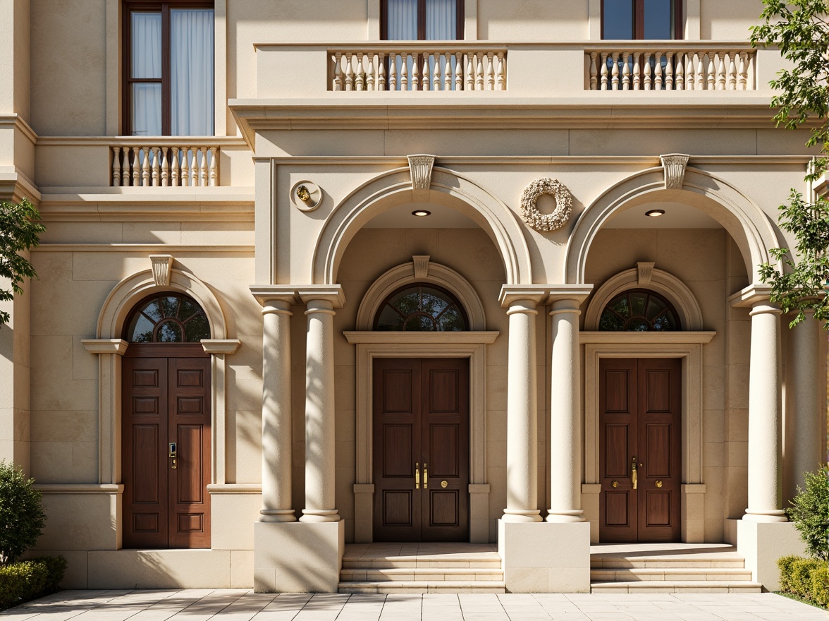 Prompt: Grandiose school fa\u00e7ade, classical arches, ornate columns, symmetrical composition, neutral beige tones, rusticated stone walls, decorative cornices, ornamental balustrades, grand entrance gates, bronze door handles, subtle pilasters, elegant window frames, pediment details, subtle molding patterns, natural limestone texture, warm afternoon lighting, shallow depth of field, 2/3 composition, realistic renderings, ambient occlusion.