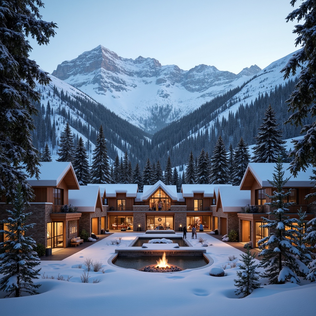 Prompt: Snow-capped mountains, pine tree forests, wooden ski lodges, rustic charm, regionalist architecture, earthy tones, natural stone walls, wooden beams, cozy fireplaces, comfortable furnishings, warm ambient lighting, soft snowfall, misty atmosphere, shallow depth of field, 2/3 composition, panoramic view, realistic textures, ambient occlusion, eco-friendly materials, energy-efficient systems, renewable energy sources, sustainable building practices, minimal environmental impact, locally sourced materials, traditional regional craftsmanship.