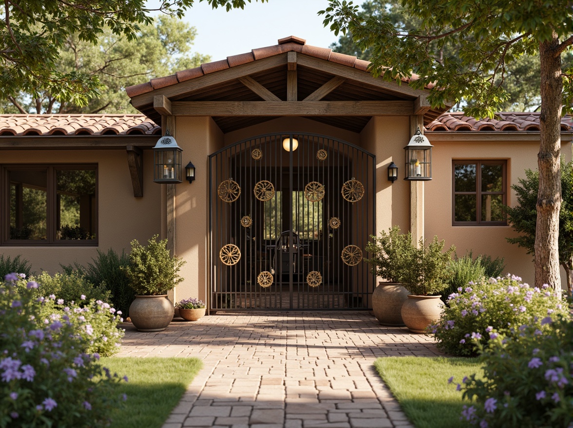 Prompt: Rustic rural farmhouse, ornate metalwork, decorative iron gates, vintage lanterns, distressed wood accents, floral patterns, geometric motifs, earthy color palette, terracotta roofing, natural stone walls, lush greenery, blooming wildflowers, sunny afternoon, warm soft lighting, shallow depth of field, 1/1 composition, symmetrical framing, realistic textures, ambient occlusion.