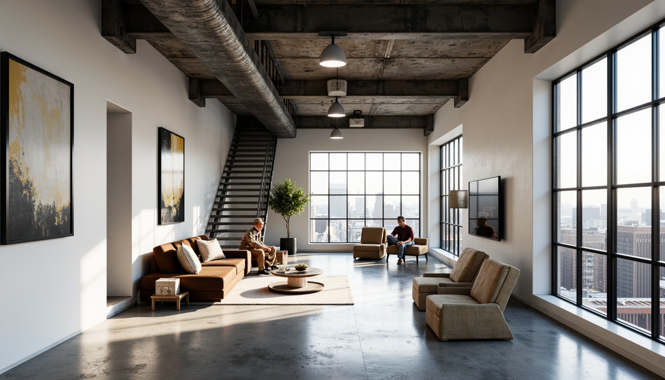 Prompt: Industrial chic loft, open floor plan, high ceilings, exposed ductwork, polished concrete floors, minimalist decor, modern steel beams, large windows, natural light, urban cityscape views, neutral color palette, reclaimed wood accents, sleek low-profile furniture, abstract artwork, metal staircase, industrial-style lighting fixtures, airy atmosphere, shallow depth of field, 1/1 composition, realistic textures, ambient occlusion.