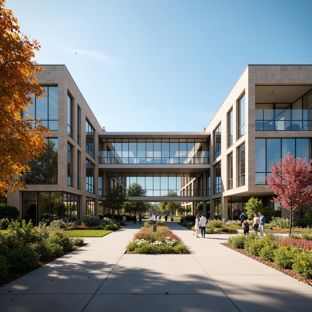 Prompt: Grand campus entrance, symmetrical facade, modernist architecture, clean lines, minimal ornamentation, functional simplicity, large glass surfaces, metal frames, stone cladding, international style, cultural fusion, vibrant color scheme, dynamic lighting effects, shallow depth of field, 1/1 composition, realistic textures, ambient occlusion, lush greenery, blooming flowers, pedestrian walkways, bike lanes, scenic campus views, sunny day, soft warm lighting.