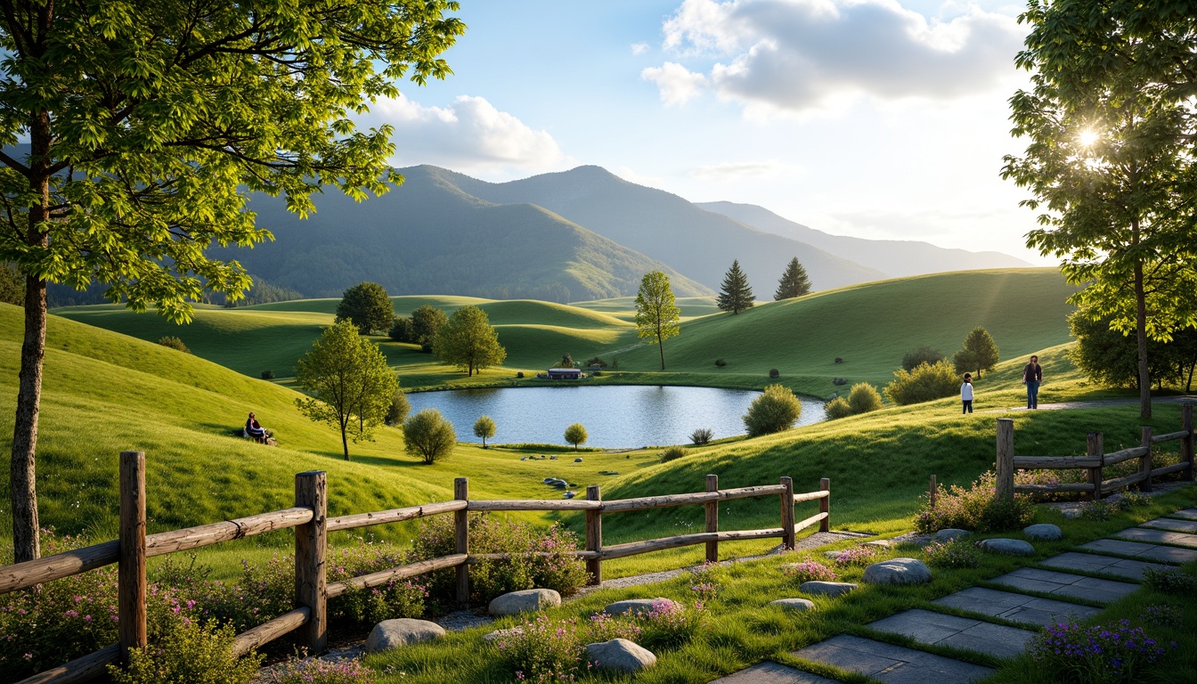 Prompt: Rolling hills, lush green meadows, serene lakeside, rustic wooden fences, natural stone pathways, vibrant wildflowers, majestic trees, sunny afternoon, warm soft lighting, shallow depth of field, 3/4 composition, panoramic view, realistic textures, ambient occlusion, harmonious color palette, organic shapes, eclectic mix of materials, weathered wood accents, earthy tones, botanical gardens, meandering streams, rustic benches, scenic overlooks.