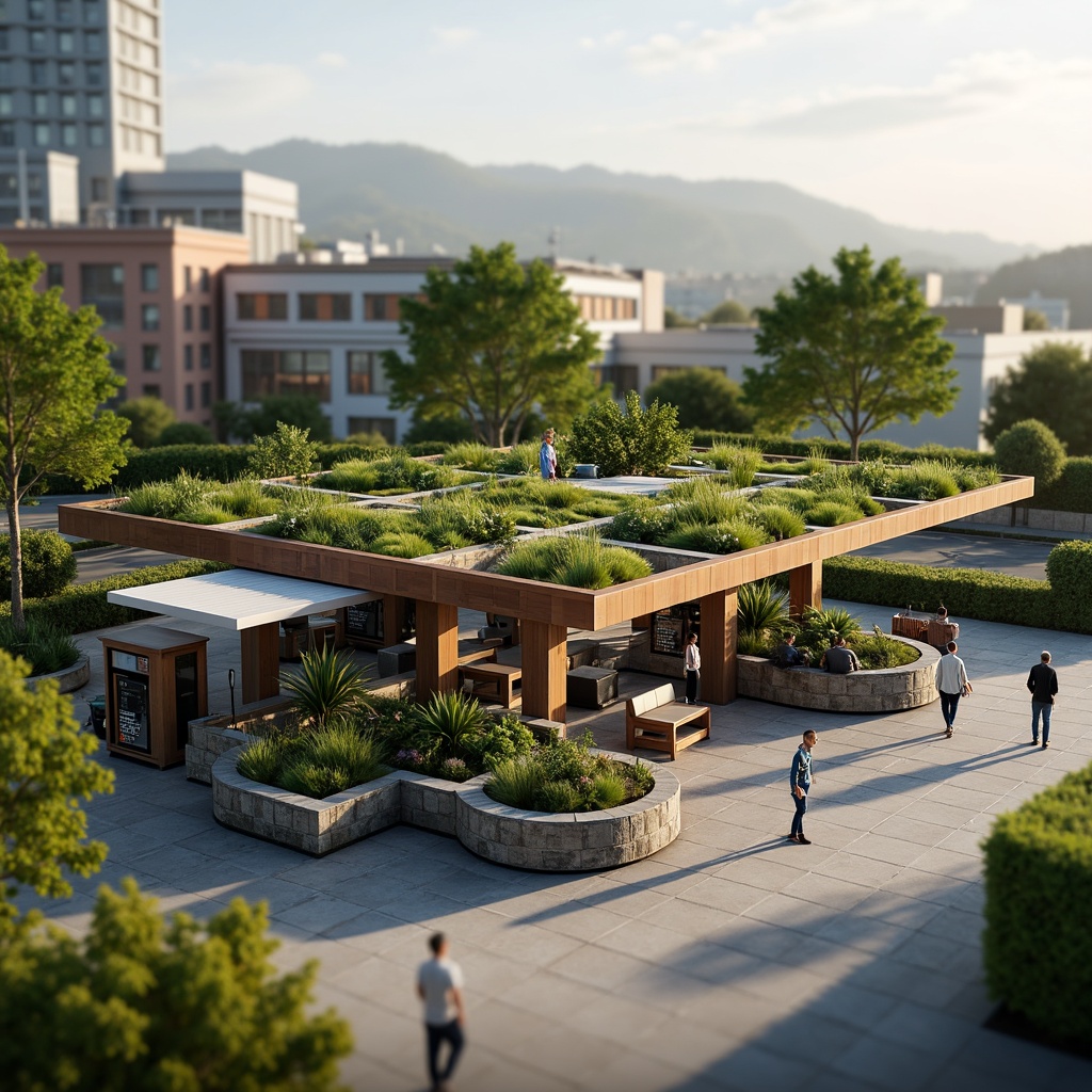 Prompt: Scenic gas station, lush green roofs, native plant species, natural stone walls, wooden accents, modern minimalist architecture, sleek fuel pumps, LED lighting, shaded canopies, comfortable seating areas, urban oasis, bustling cityscape, morning sunlight, soft warm glow, shallow depth of field, 1/1 composition, realistic textures, ambient occlusion.