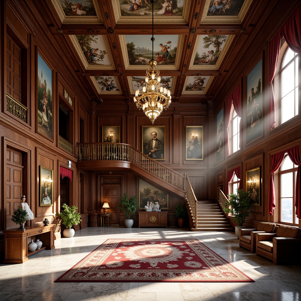 Prompt: Grand Renaissance-style mansion, ornate wooden paneling, lavish chandeliers, high ceilings, intricate frescoes, marble flooring, luxurious velvet drapes, elegant curved staircases, spacious great halls, natural light pouring through large windows, soft warm lighting, 3/4 composition, shallow depth of field, ambient occlusion, realistic textures, detailed furnishings, richly patterned rugs, classic Renaissance-era art pieces.