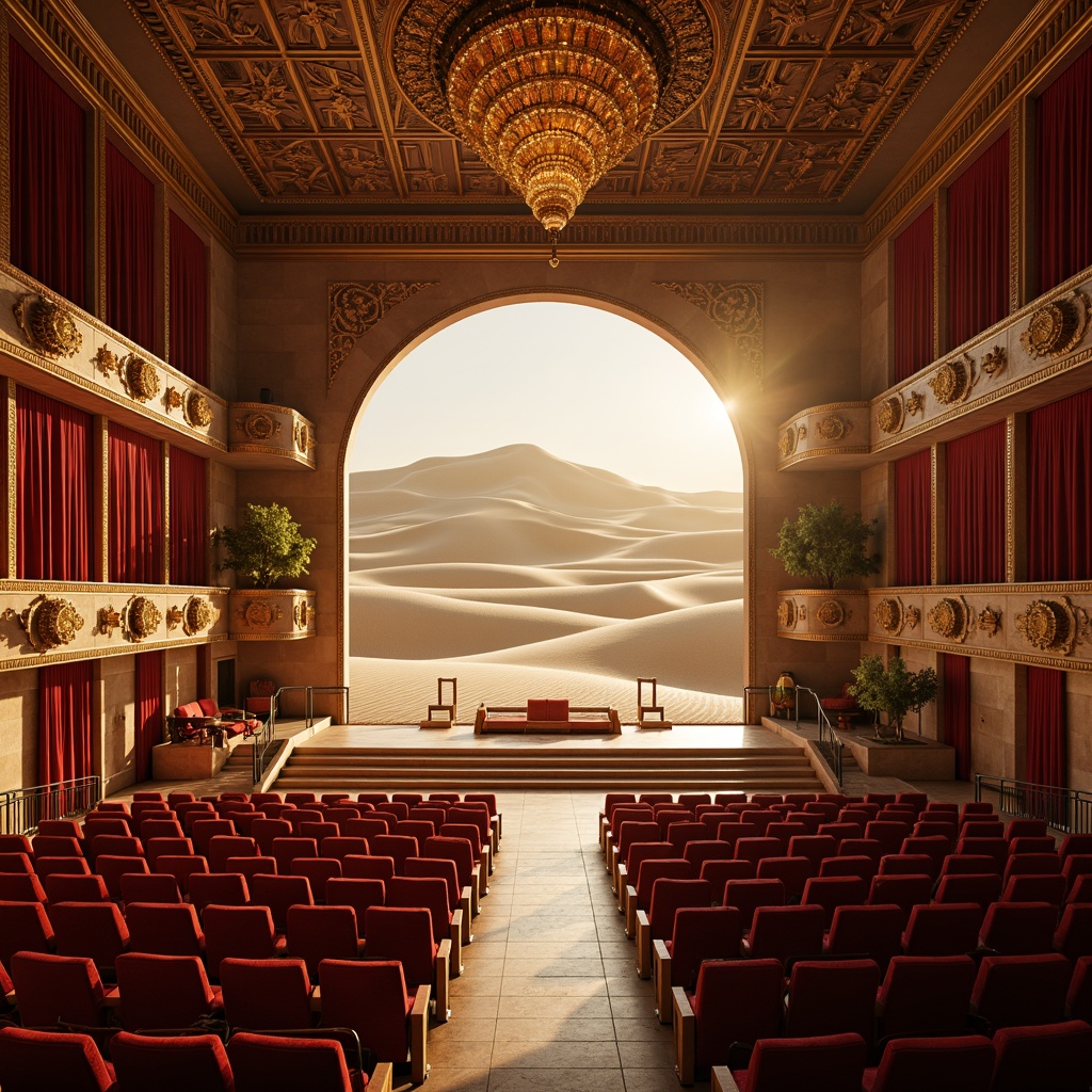 Prompt: Luxurious opera house, majestic sand dunes, warm golden light, rich velvet curtains, ornate gold accents, intricate Moorish patterns, lavish chandeliers, grand staircases, opulent marble floors, plush crimson seats, majestic archways, dramatic spotlights, soft misty atmosphere, 1/1 composition, cinematic lighting, detailed textures, ambient occlusion.