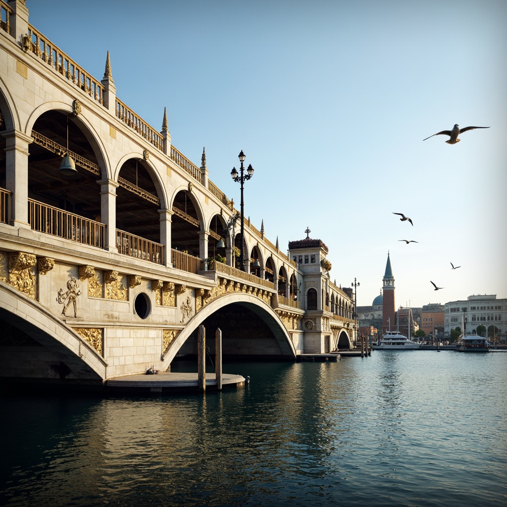 Prompt: Majestic waterfront, Byzantine-style bridge architecture, ornate stone carvings, grand arches, intricate mosaics, golden accents, ornamental ironwork, majestic piers, serene water reflections, sailing boats, seagulls flying overhead, warm sunny day, soft natural lighting, shallow depth of field, 1/2 composition, symmetrical framing, realistic textures, ambient occlusion.