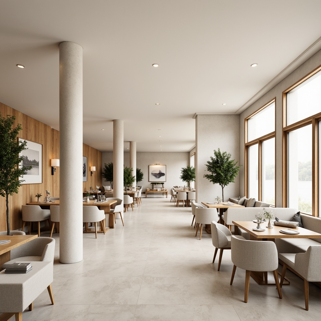 Prompt: Monochromatic dining hall, sleek minimalist design, neutral color palette, soft creamy whites, warm beige tones, subtle gray accents, polished wooden floors, clean-lined furniture, simple geometric shapes, sparse greenery, pendant lighting fixtures, soft diffused light, shallow depth of field, 1/2 composition, realistic textures, ambient occlusion.