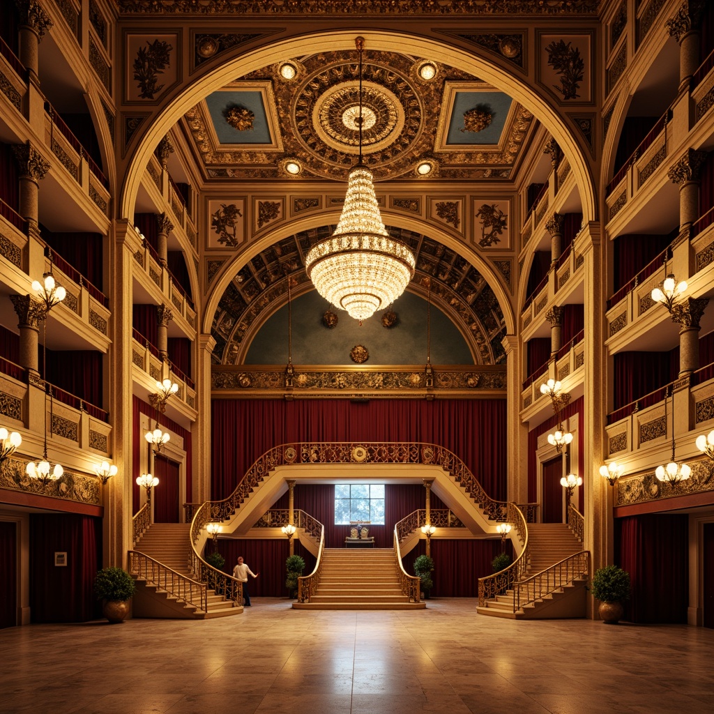 Prompt: Intricate opera house facade, grandiose arches, ornate balconies, sweeping staircases, majestic domes, opulent chandeliers, lavish marble floors, intricate moldings, gilded details, velvet curtains, dramatic spotlights, shallow depth of field, 1/1 composition, symmetrical framing, warm golden lighting, realistic reflections, ambient occlusion.