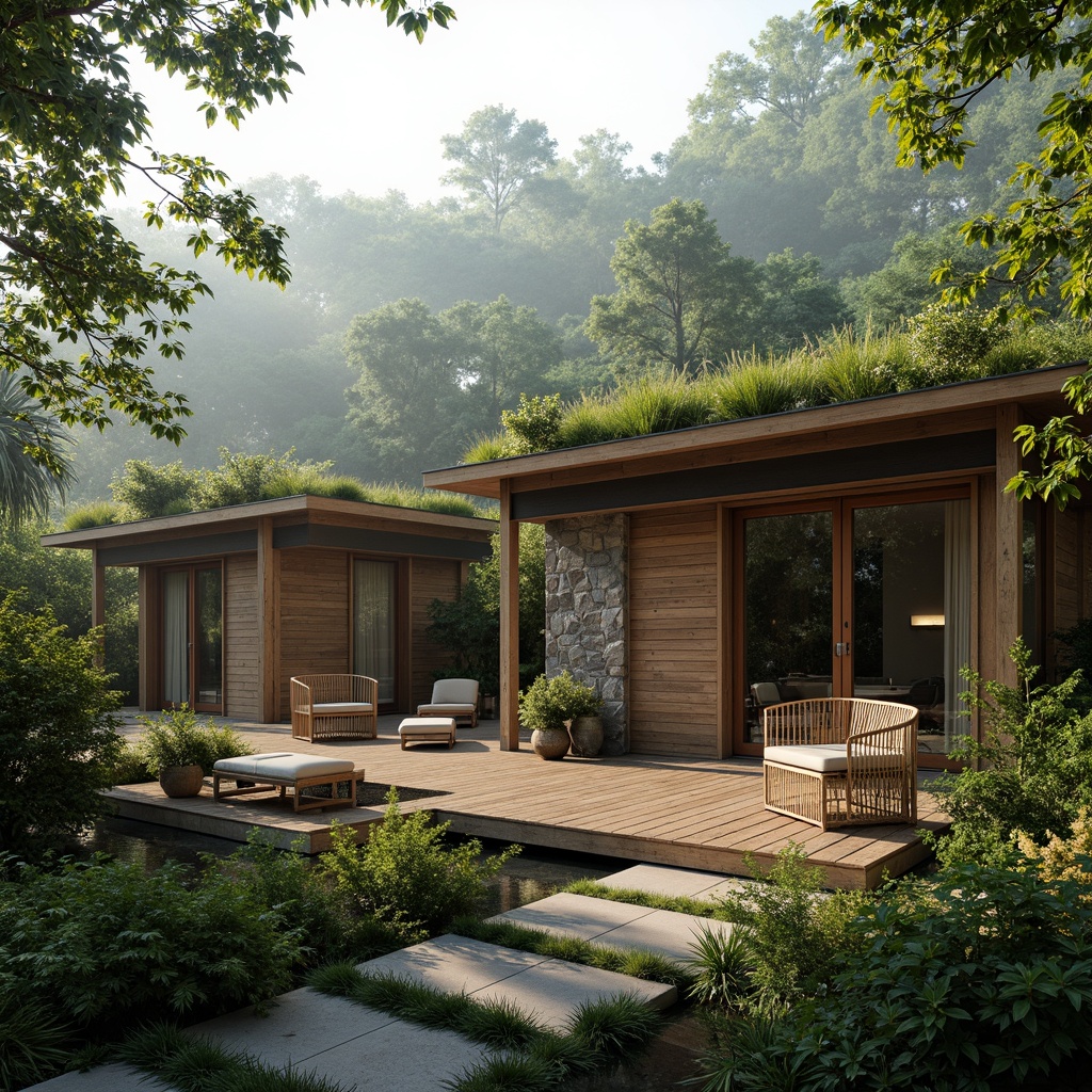 Prompt: Organic modern villa, reclaimed wood accents, natural stone walls, living green roofs, bamboo flooring, rattan furniture, earthy tone color palette, lush forest surroundings, misty morning atmosphere, soft diffused lighting, shallow depth of field, 1/2 composition, cinematic perspective, warm cozy ambiance, natural textiles, woven patterns, botanical elements.