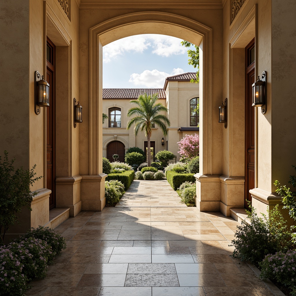 Prompt: Luxurious mansion, grand entrance, elegant columns, ornate details, warm beige stucco, rich wood accents, polished bronze hardware, expansive outdoor spaces, lush greenery, blooming flowers, tranquil water features, natural stone walkways, soft warm lighting, shallow depth of field, 3/4 composition, panoramic view, realistic textures, ambient occlusion.