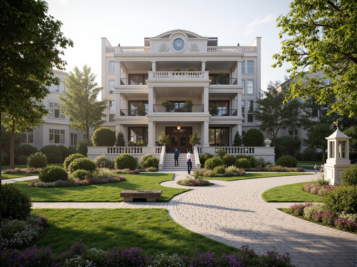 Prompt: Elegant office building, symmetrical facade, grand entrance, ornate columns, carved stonework, manicured lawn, vibrant flower beds, pruned shrubbery, meandering walkways, ornamental fountains, natural stone paving, classic sculptures, rustic benches, mature trees, soft morning lighting, shallow depth of field, 2/3 composition, harmonious color palette, realistic textures, ambient occlusion.