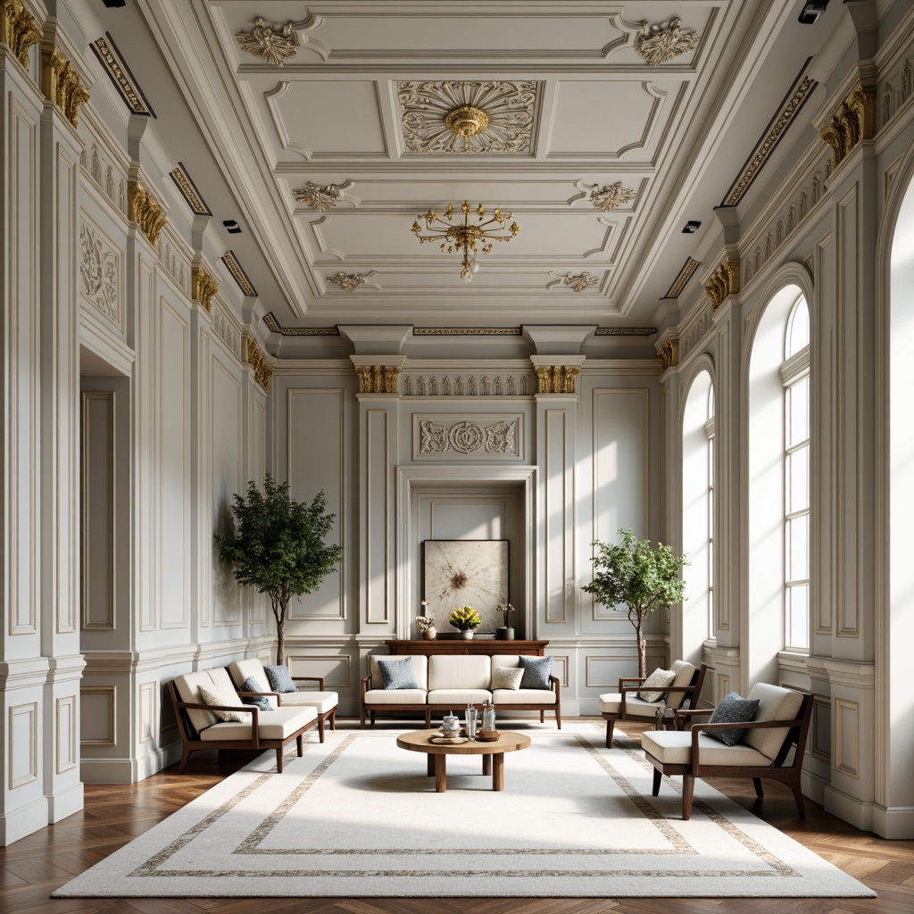 Prompt: Elegant classicism, ornate moldings, rich wood tones, creamy whites, soft grays, muted blues, warm beiges, subtle gold accents, intricate patterns, luxurious fabrics, ornamental details, symmetrical compositions, natural light, soft box lighting, realistic textures, ambient occlusion, 1/1 composition, frontal view, highly detailed render.