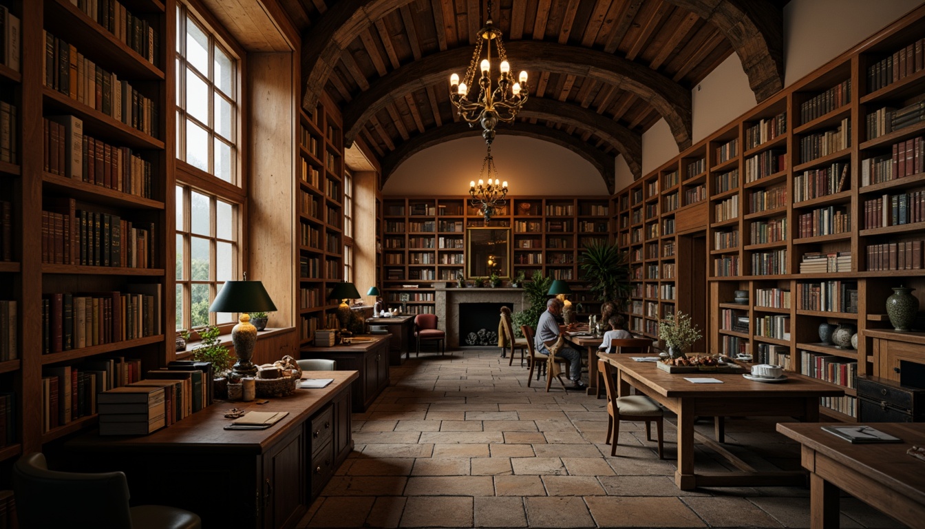 Prompt: Moody academic atmosphere, rich wood tones, warm beige walls, vintage leather-bound books, dimly lit chandeliers, ornate metal fixtures, rustic stone flooring, distressed wooden tables, classic green lampshades, muted earthy colors, soft warm lighting, shallow depth of field, 1/1 composition, realistic textures, ambient occlusion.