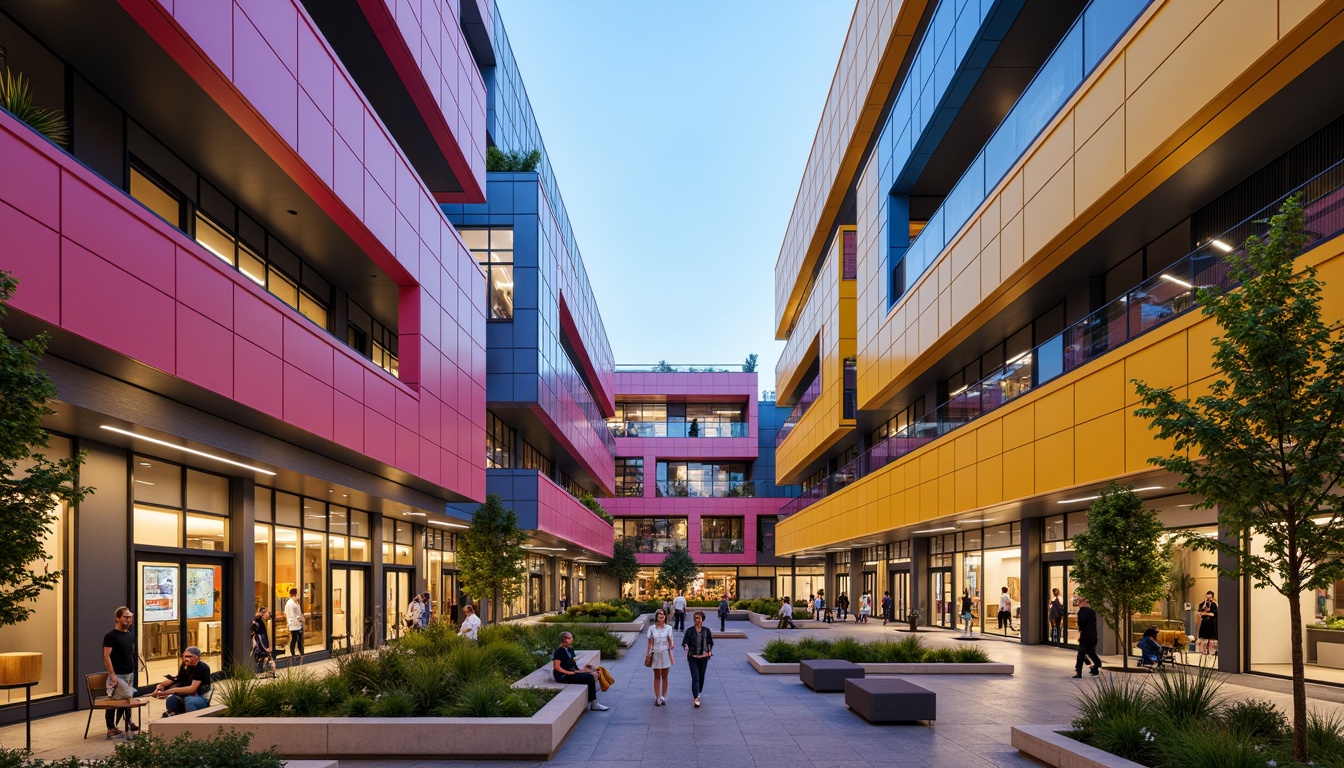 Prompt: Vibrant campus social hub, modern fa\u00e7ade design, asymmetrical balconies, bold color blocking, cantilevered roofs, dynamic angular lines, geometric patterns, LED lighting installations, futuristic architecture, communal outdoor spaces, seating areas, green roofs, vertical gardens, natural ventilation systems, solar panels, sustainable building materials, minimalist interior design, cozy reading nooks, flexible modular furniture, warm ambient lighting, shallow depth of field, 1/1 composition, panoramic view, realistic textures, ambient occlusion.